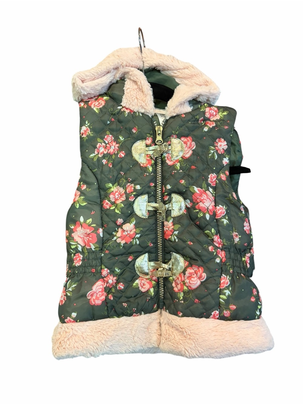 Little Lass Floral Quilted Hooded Vest in Green and Pink Zip Up